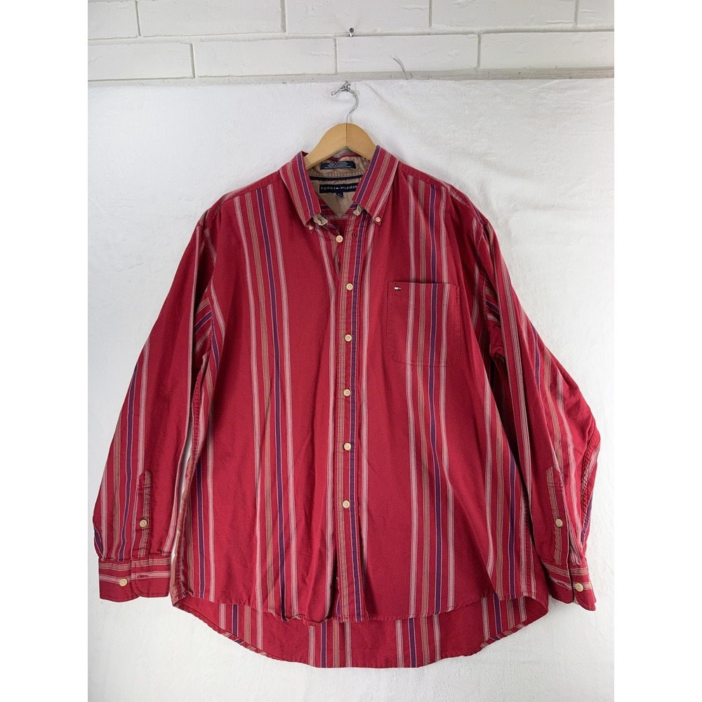 Tommy Hilfiger Shirt Mens XL Red Striped Button Front Casual Cotton Long Sleeve